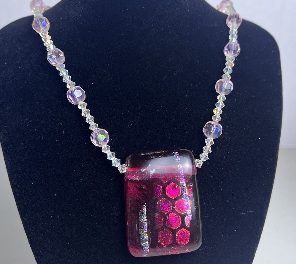 Artisan Signed Dichroic Glass Rectangle Pendant Necklace Faceted Glass Beads 18"